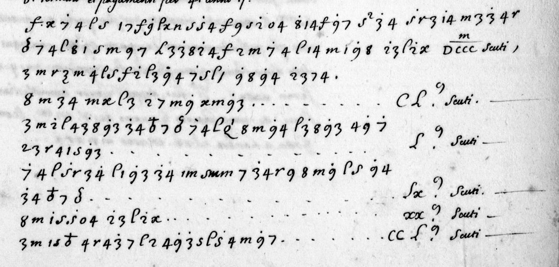 Ciphered account on folio 157 recto, with dots above several numeral-shaped signs and monetary amounts at right