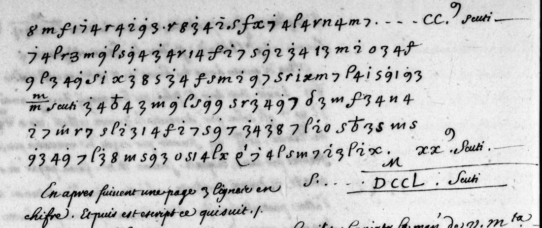 Six cipher lines on the verso followed by a scribal statement that a further page and three lines of cipher have been omitted