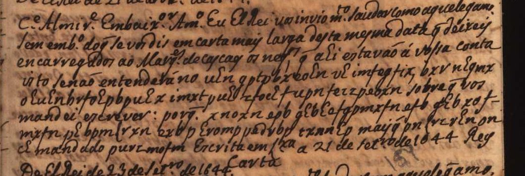 Four lines of cursive Portuguese in which most words are strings of Greek-looking letters