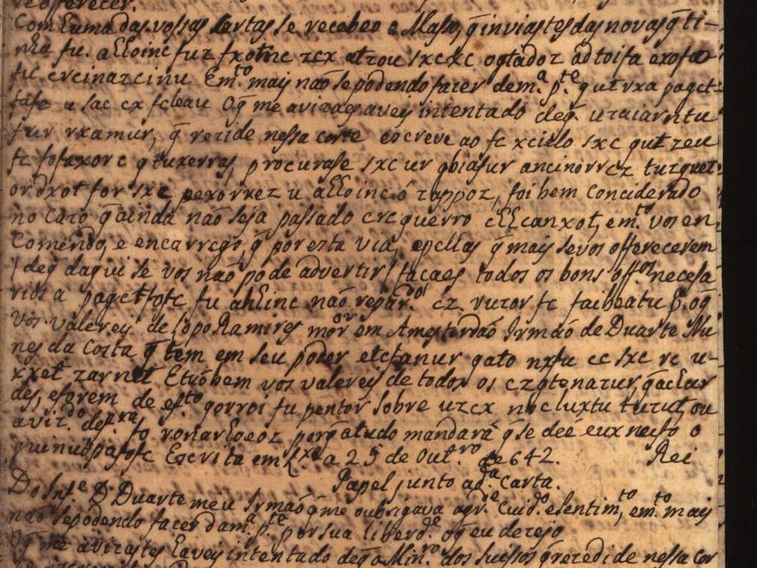 A page of the letter-book: clear Portuguese with runs of cipher words, and below the date line a paragraph headed Papel junto