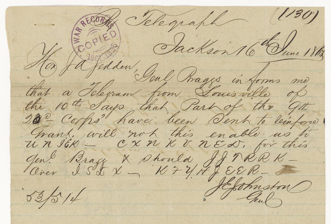 The telegram of 16 June 1863: clear text in a clerk's hand with three lines containing capital-letter cipher words