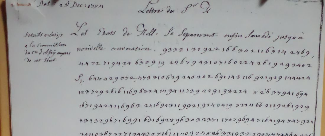 Head of the intercept copy of Kauderbach's letter of 23 December 1754: clear French, then unseparated figures
