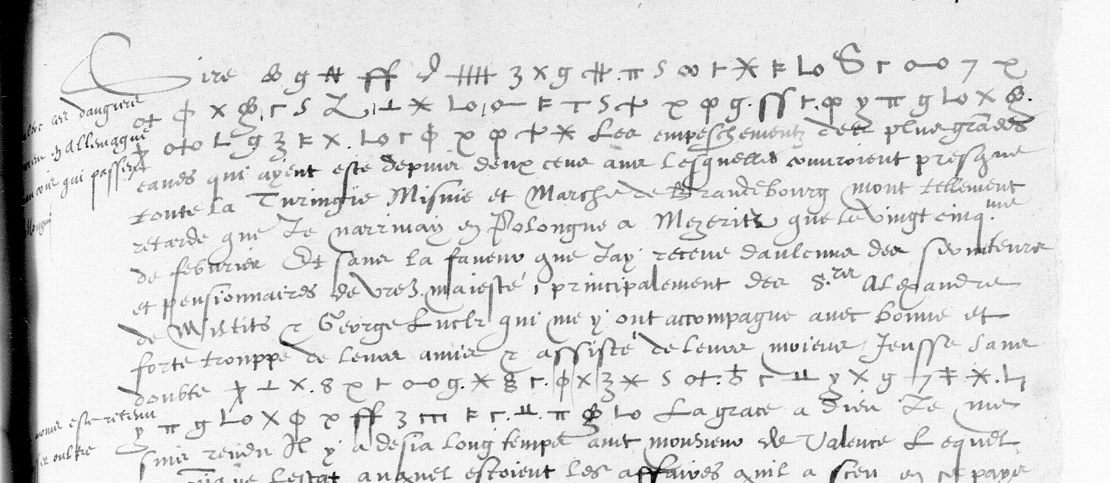 BnF fr. 4735 f. 124, the head of Lanssac's letter of 26 April 1573 with three lines of cipher and the decipherer's marginal notes