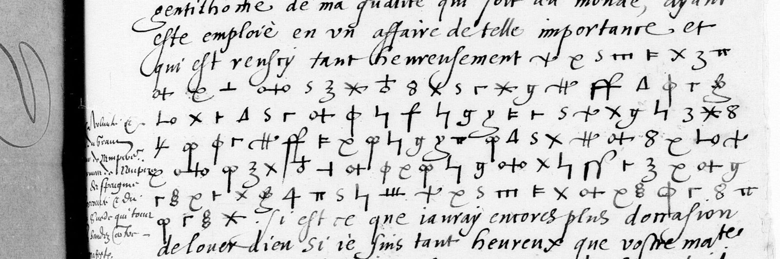 BnF fr. 4735 f. 174, Lanssac to Charles IX from Plock, 9 May 1573: the ciphered list of the powers opposed to the election, with the decipherer's gloss in the margin