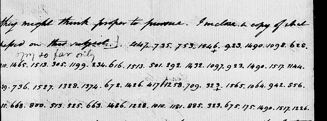 Five lines of numerical code on Pinckney's letter of 28 August 1793, with Jefferson's pencil note above