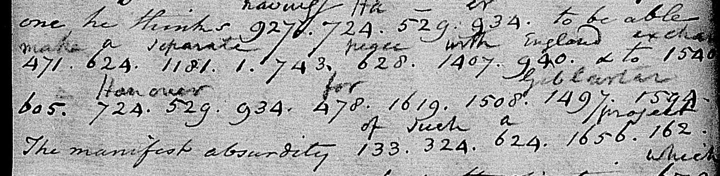 NARA M31 reel 12 frame 0285: Erving's code groups with Madison's interlinear decode, having Ha-er, Hanover for Giblartar