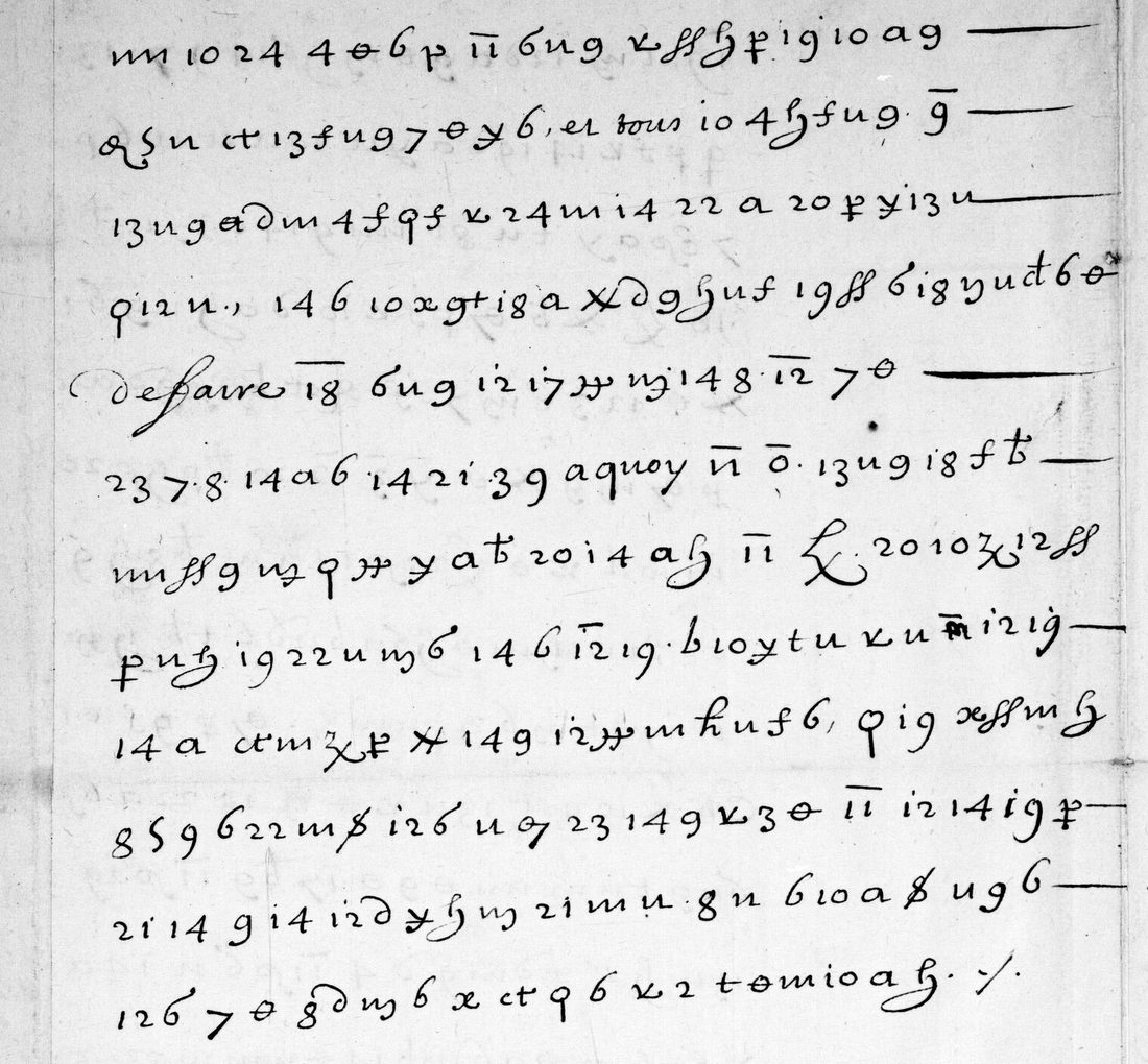 f. 50v: twelve lines of cipher with the clear words et tous, de faire and a quoy