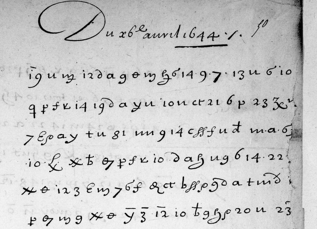Top of f. 50r: the date in clear, Du 26e avril 1644, over six lines of cipher in figures, letters and invented signs