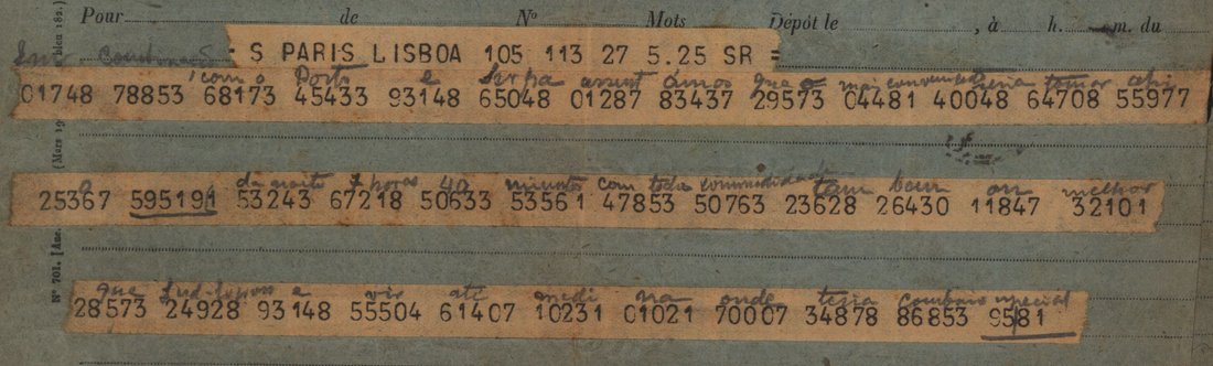 French telegram form with three printed strips of five-figure code groups and pencil words written above them