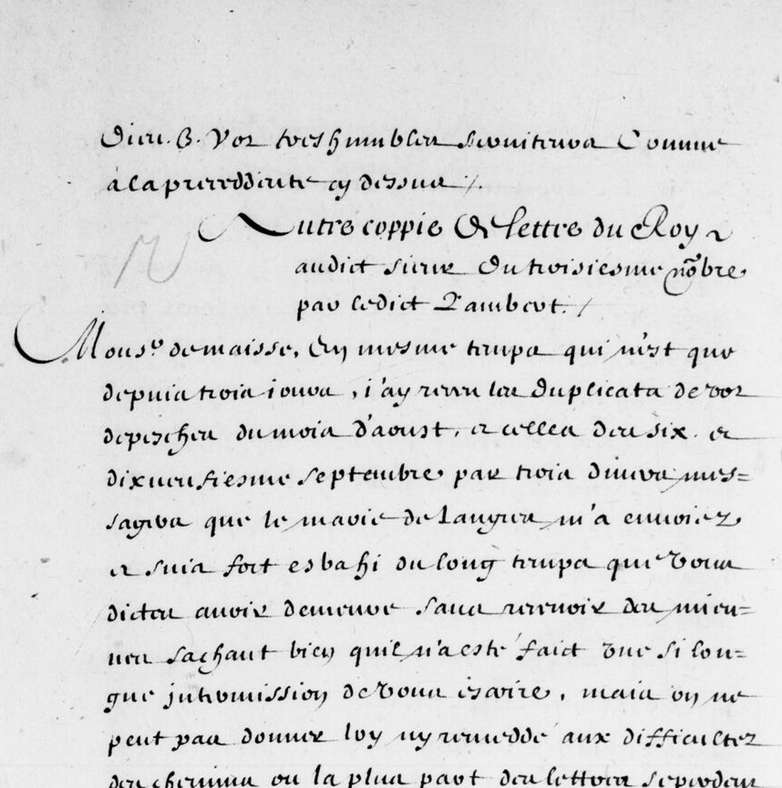 Brienne 13 fol. 102v: 제목 Autre coppie de lettre du Roy audict sieur du troisiesme 9bre, 그리고 깔끔한 서기 필체로 쓴 편지의 첫머리