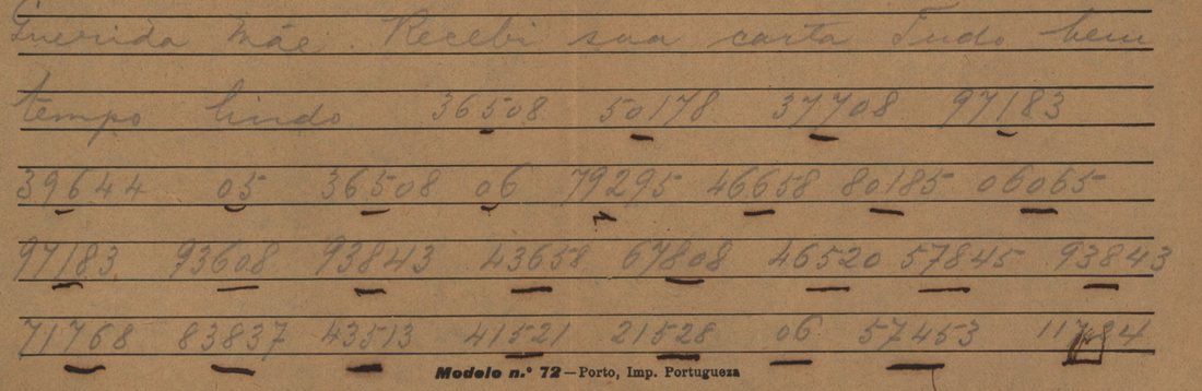 Handwritten telegram form lines: Querida mãe. Recebi sua carta Tudo bem tempo lindo, then rows of five-figure groups beginning 36508 50178 37708 97183, each underlined with a short dash