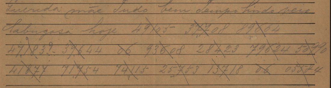 Handwritten telegram lines: Querida mãe Tudo bem Tempo lindo veio Sabugosa hoje, then five-figure groups each struck through with a diagonal stroke