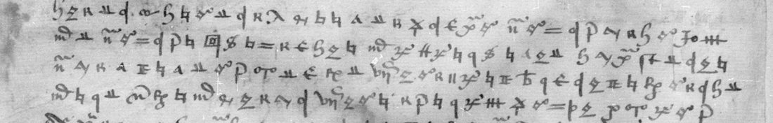 The first four lines of cipher on f. 41v, unseparated graphic signs