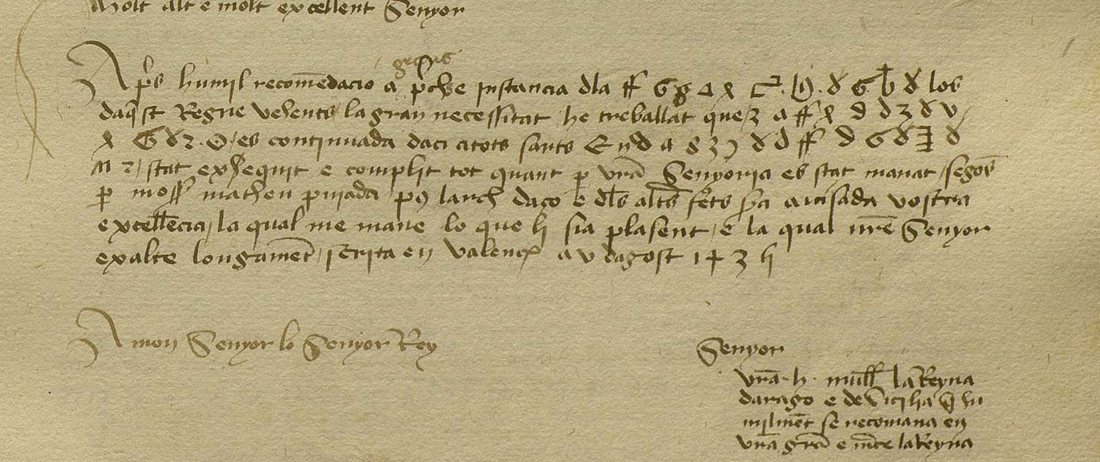 ACA reg. 3225 f. 59r: the queen's letter to the king, with cipher signs in the first four lines