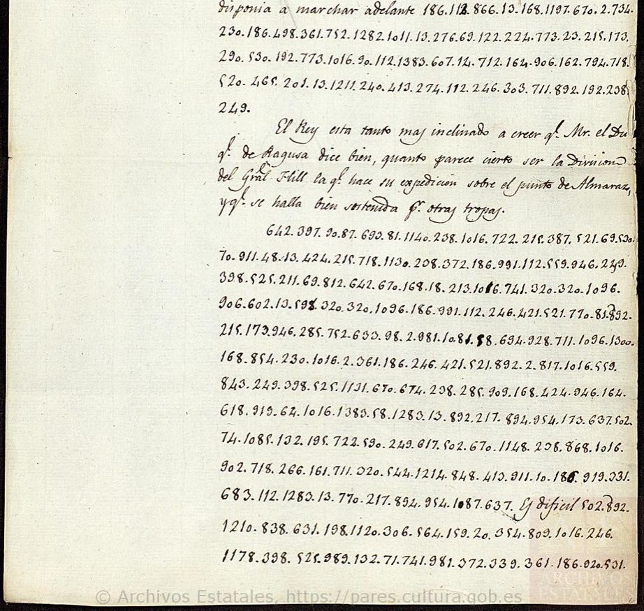 The lower part of the first page of the Spanish copy: the end of a clear paragraph and four lines of numbers separated by points, a second clear paragraph about General Hill and the bridge of Almaraz, then fourteen lines of numbers with the words Es dificil written in clear near the end