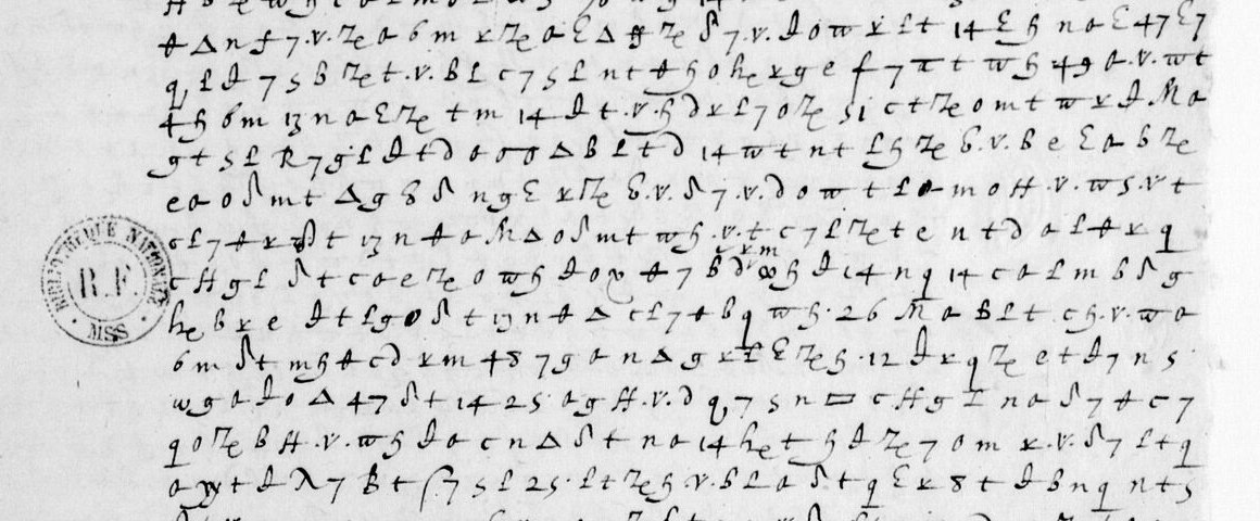 Twelve lines of a cipher of figures, letters and invented signs, with numbers such as 14, 25, 26 and 12 among them, and a library stamp in the margin