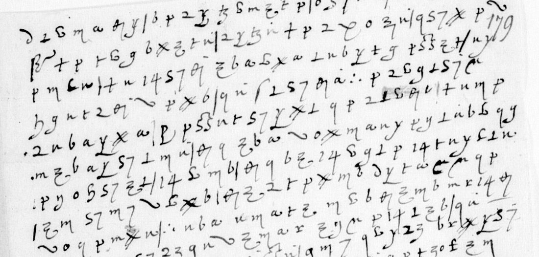 Lines of hand-drawn cipher signs and figures, with the folio number 179 at the top right