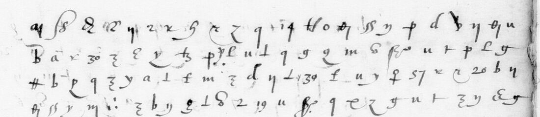 Four lines of hand-drawn cipher signs and figures such as 14, 30, 57 and 20
