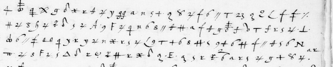 Four lines of hand-drawn cipher signs: barred crosses, figures such as 23, slashes and loops