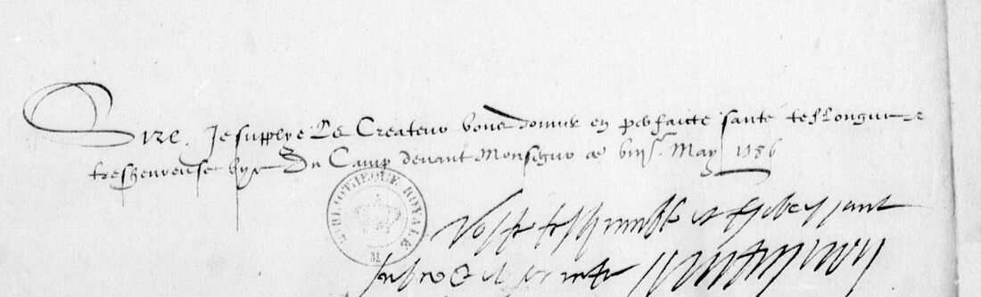 Two lines of clear handwriting beginning with a large S, a library stamp, and a signature