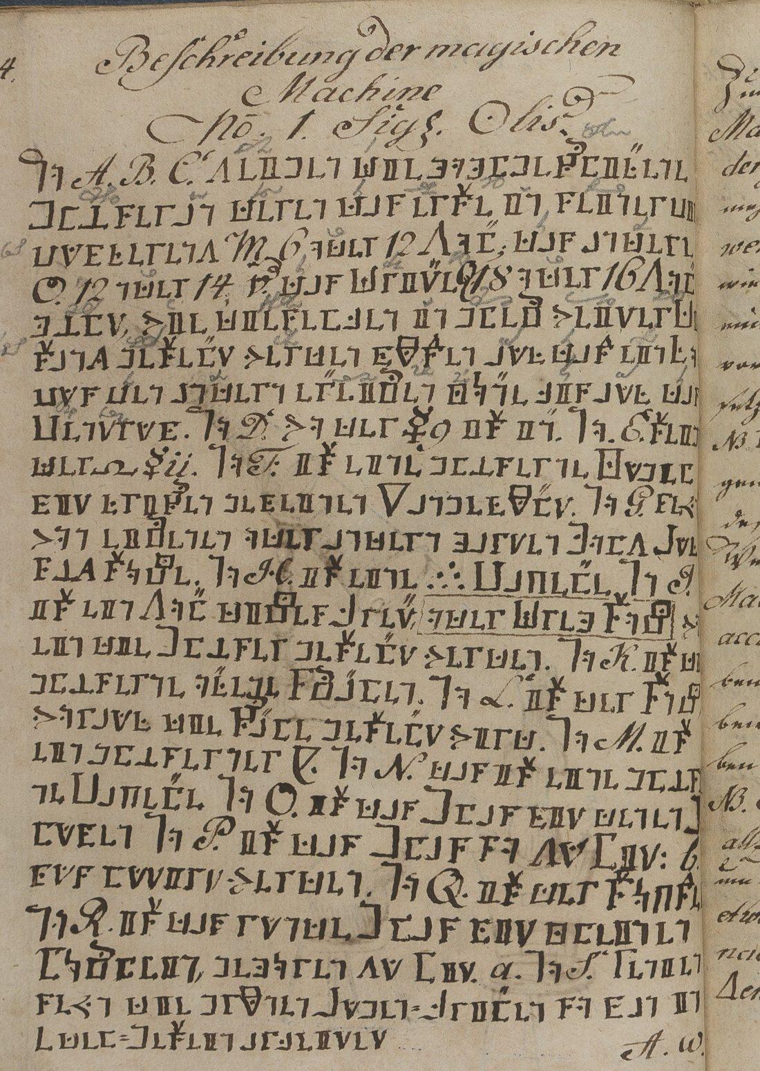 A page of angular cipher signs with a few Latin capitals and numerals, and pencil letters above some signs
