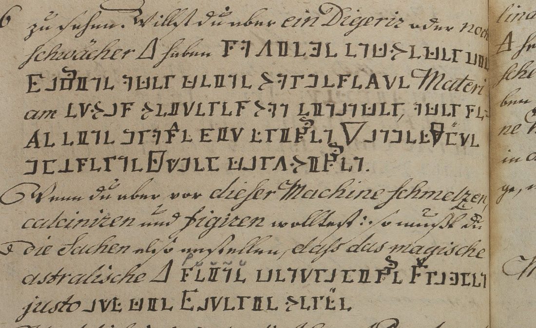 A manuscript page with five lines of cipher signs inside German cursive