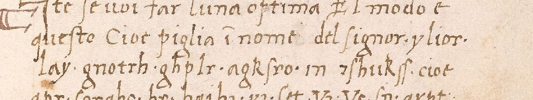 f. 2r：Ciot piglia i nomi del signor、続いて点で区切られた暗号の語が2行