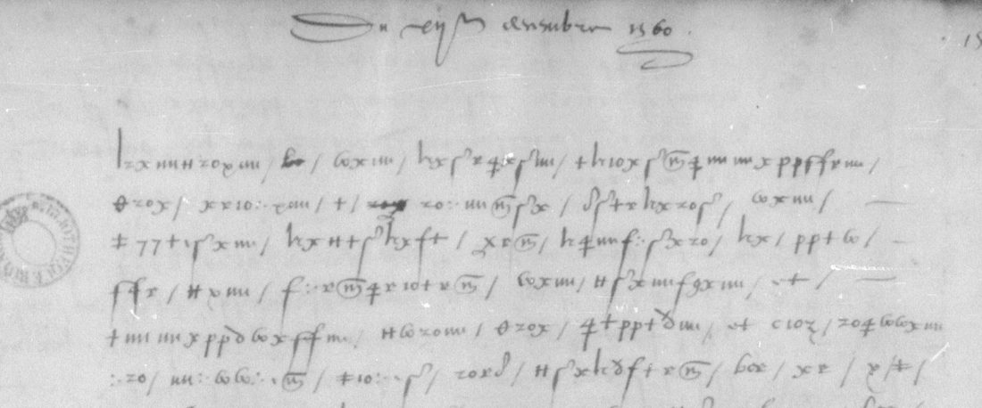 The heading 'Du xiie decembre 1560' and the first six lines of cipher on f. 152r