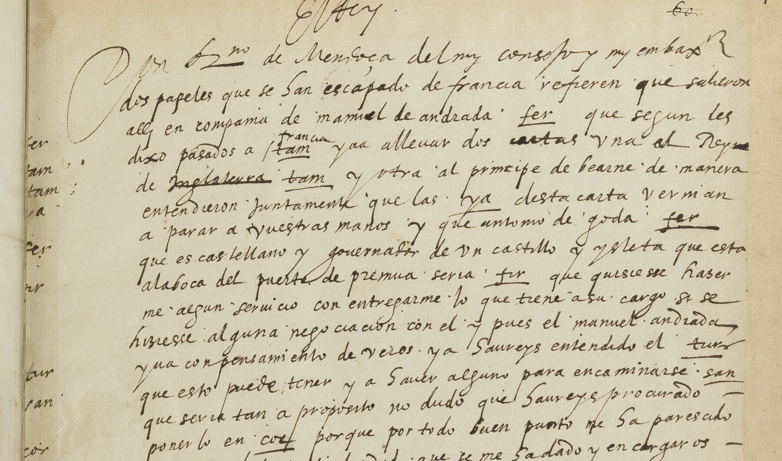 BnF Français 3641 f. 14: the decipherer's copy of letter A, with underlined code groups and the margin list