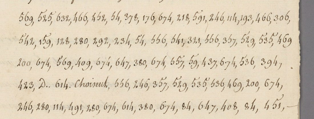 Lines of comma-separated three-digit code groups with the words D.. and Choiseul in clear