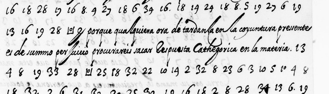 Lines of numbers between lines of clear Spanish handwriting; a small square with a dot stands twice among the numbers