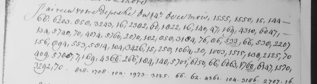 The first page of the Hague copy: the clear opening J'ai reçu votre dépêche du 14e de ce mois, then lines of numbers separated by commas and points