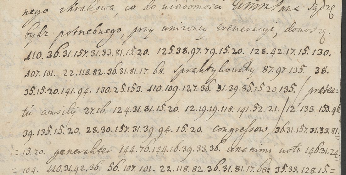 Handwritten Polish letter: two clear lines, then lines of dotted figures such as 110.36.31.157.31.33.81.15.20, with clear words spraktykowawszy, praetextu consilii, congressow, generaliter and unanimi voto between them