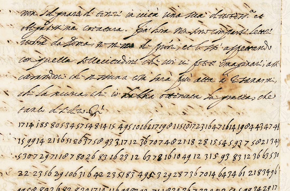 A page with six lines of clear Italian and, below, lines of running figures