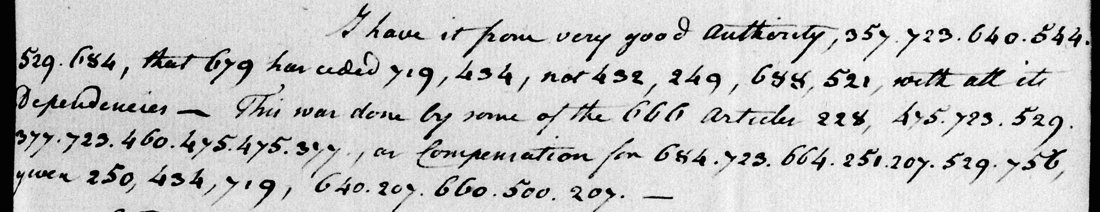 Five handwritten lines with three-digit numbers separated by full stops and commas