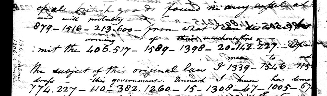 A line of a handwritten despatch: mit the 406.517 - 1589 - 1398 - 20.142.227, with arming of their merchant ships written above