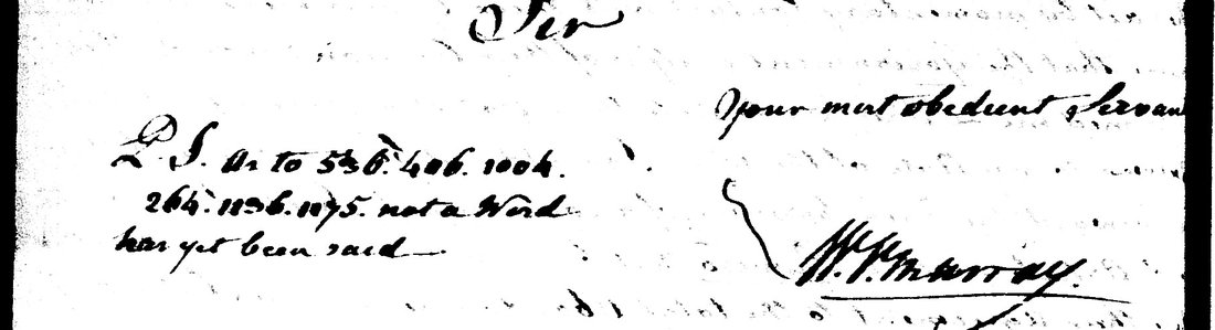 The foot of a handwritten letter: a postscript reading P.S. As to 536. 406. 1004. 264. 1136. 1175. not a Word has yet been said, beside Murray's signature