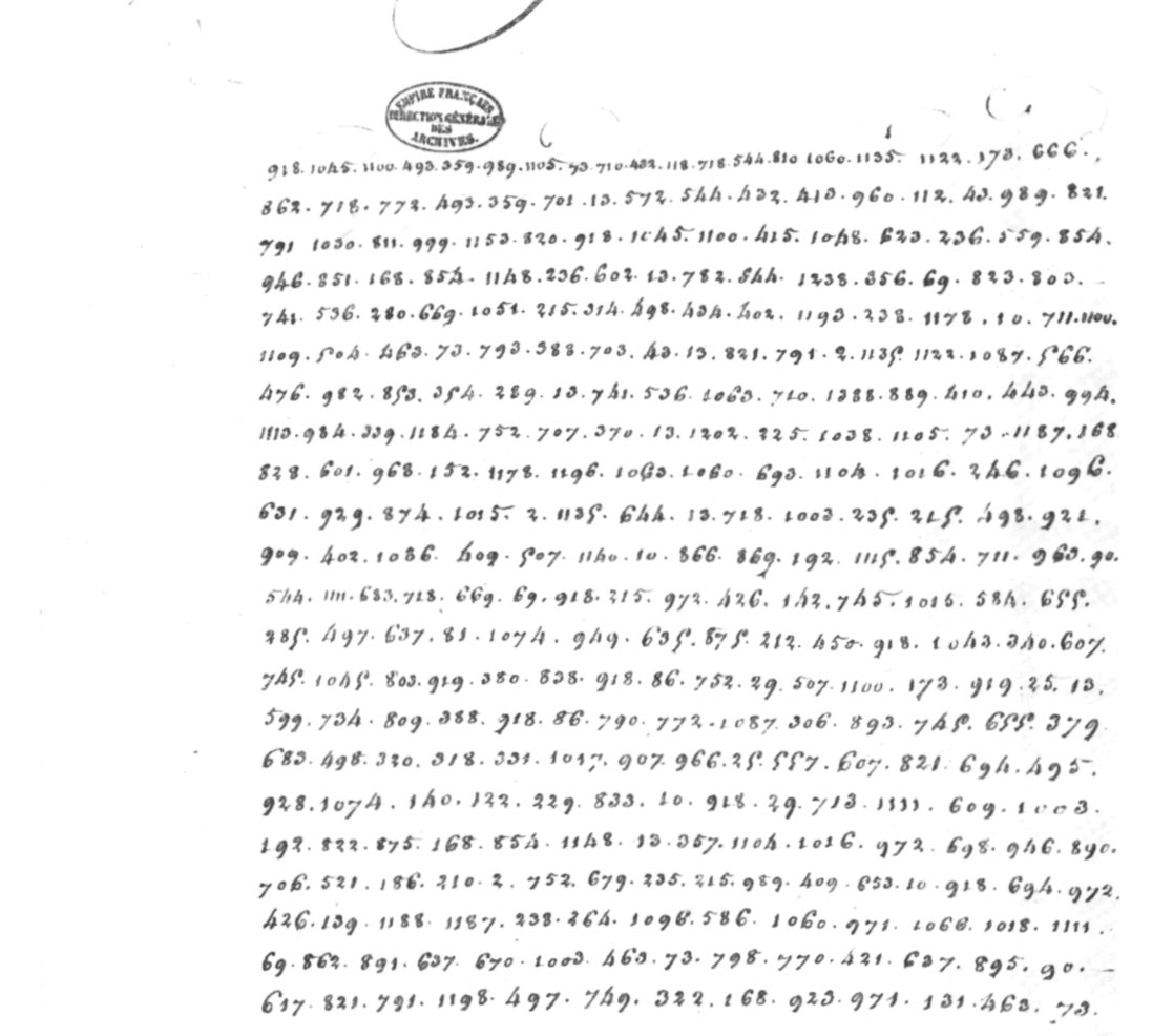 Page 3 of the dispatch: archivist's notes, 'Sire,' and 22 lines of cipher numbers