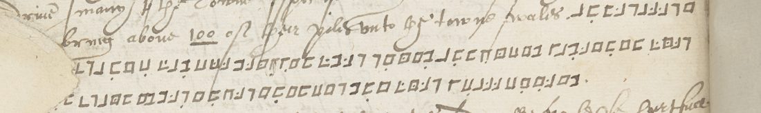 Harley MS 287 f. 39v, three lines of pigpen cipher describing the boom across the channel