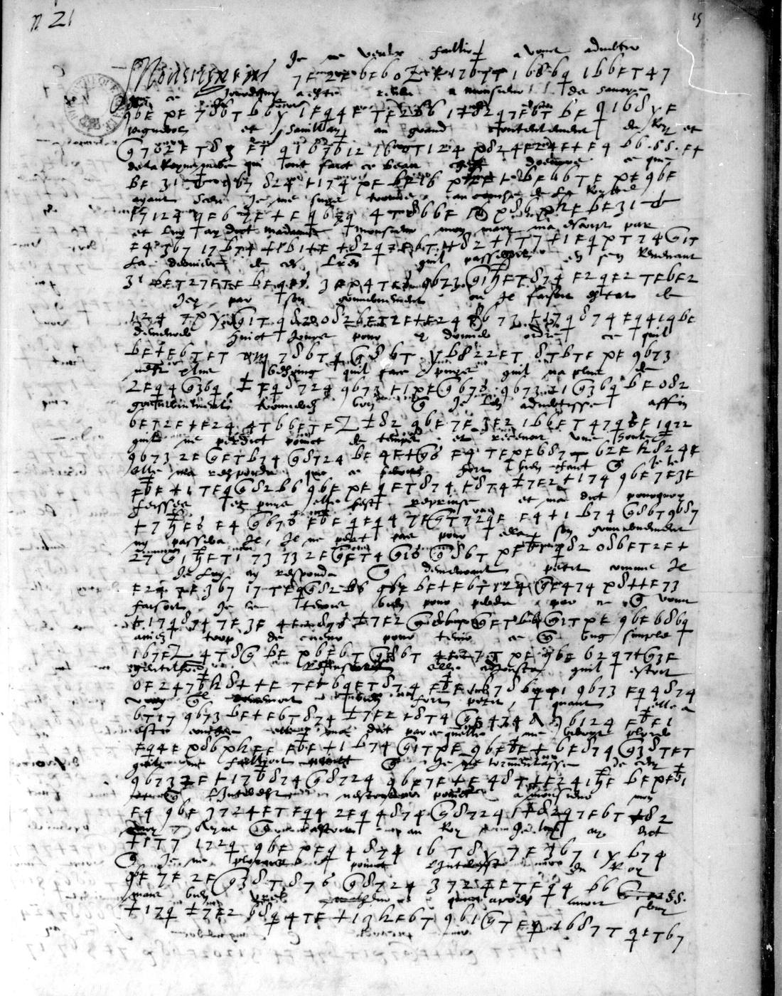 French cipher page with small contemporary plaintext written between the lines