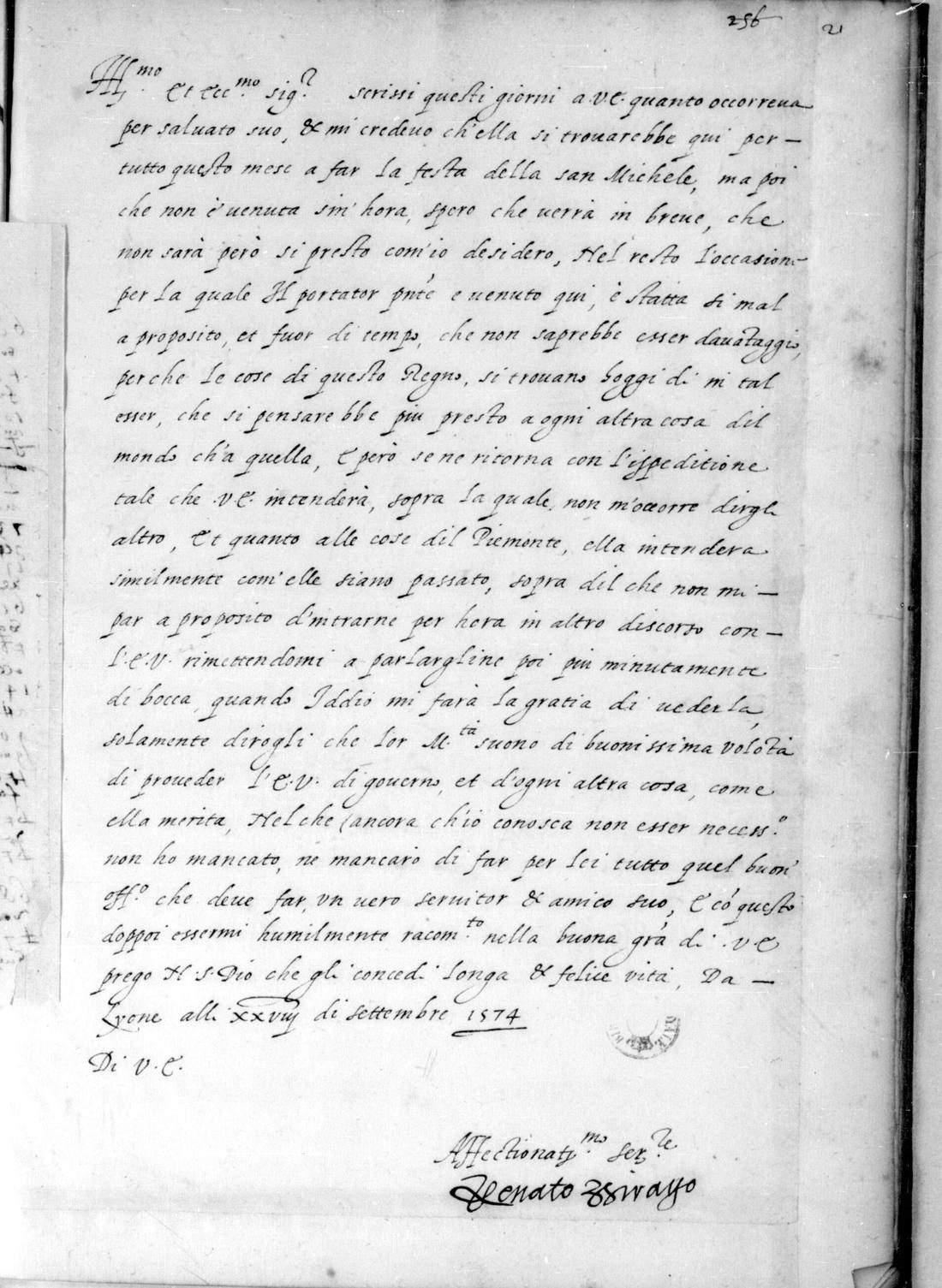 Renato Birago's clear Italian letter dated Lyon 28 September 1574