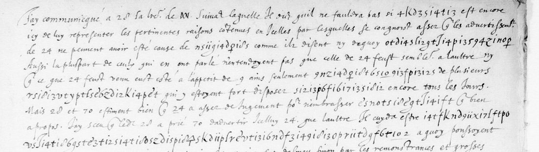 The first lines of f. 62, clear French with cipher runs of letters and figures