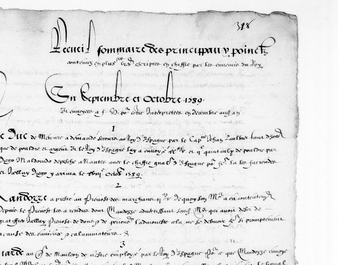 BnF fr. 3977 f. 318: the heading of the Recueil sommaire and its first numbered points, in clear French