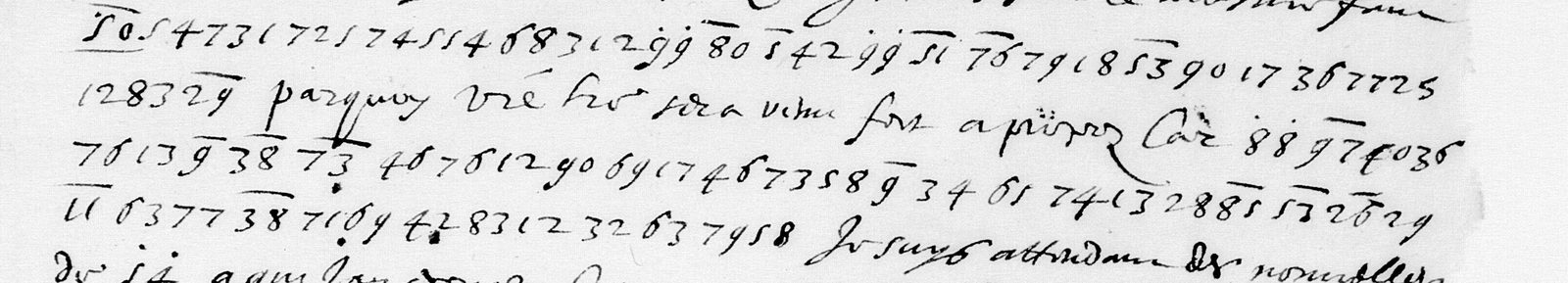Lines 4 to 7 of the copy of 8 September 1593, figures inside French clear text