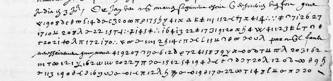 The foot of f. 148r: two lines of clear text, then six lines of figures and signs with 'par ce qu'il faut necessairement que nous' in the middle