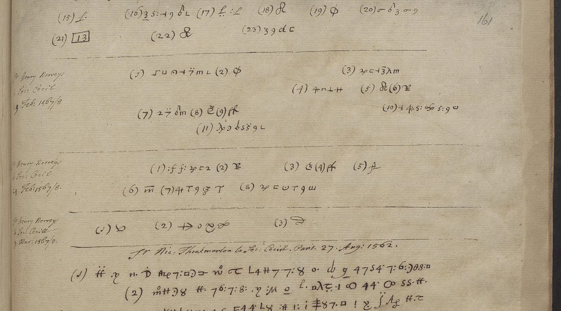 Forbes's copy: Norreys's ciphered words of 6 (end), 9 and 24 February and 9 March 1567/8, Add MS 4136 f. 161