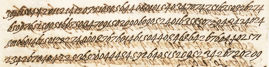 Four lines of unbroken digits, with heavy show-through from the other side of the leaf