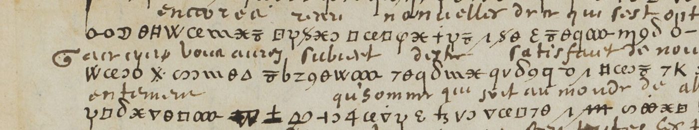 BnF fr. 4715 f. 2r, cipher lines with the 1586 decipherment written above them: encores ... nouvelles de ... qui, and Certes vous aurez subiect d'estre satisfaict de nous