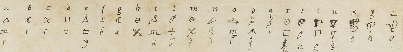 BnF fr. 3413 f. 138, the symbol alphabet of key no. 69, turned upright: a to z with two or three signs each