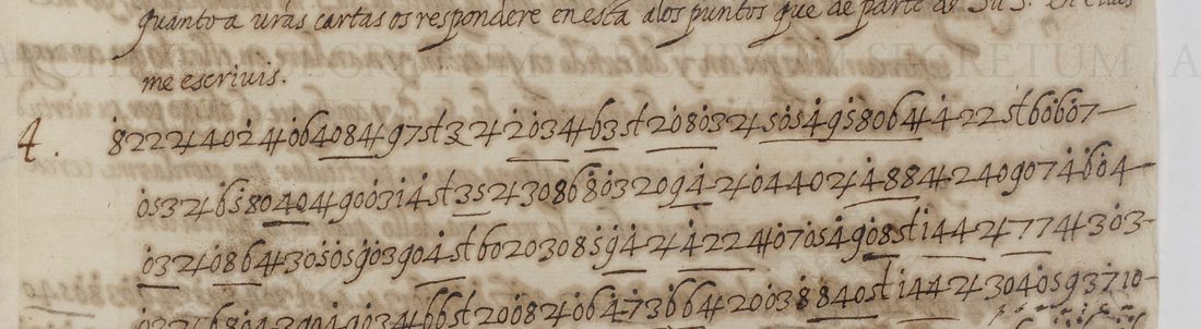 Foot of the clear Spanish copy and the first lines of cipher passage A